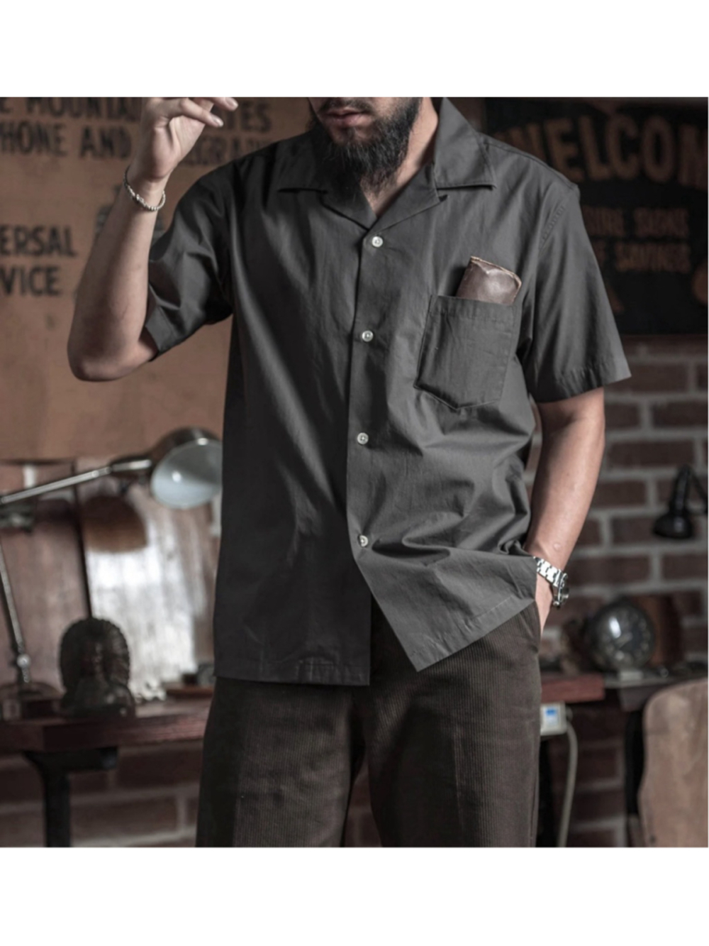 Classic Panama Open Collar Shirt - Dark Gray M